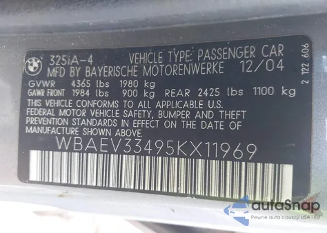 2005 BMW 325 I z USA, uszkodzony, nr VIN WBAEV33495KX11969